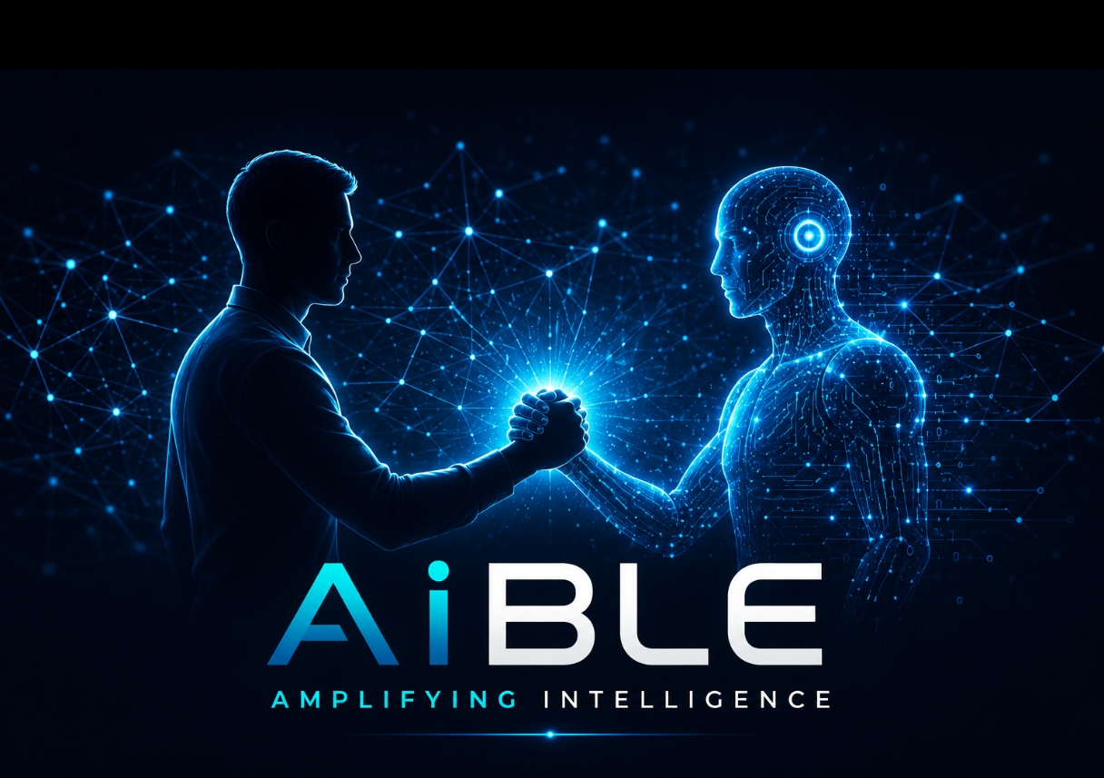 AiBLE — Amplifying Intelligence. A person and an AI figure joining hands.